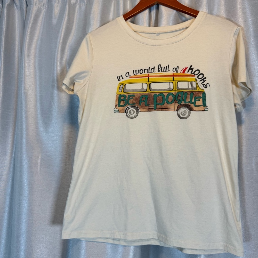 Kooks Surf Van Graphic T‎ Shirt Cream White Short Sleeve Casual Beach Vibe Top